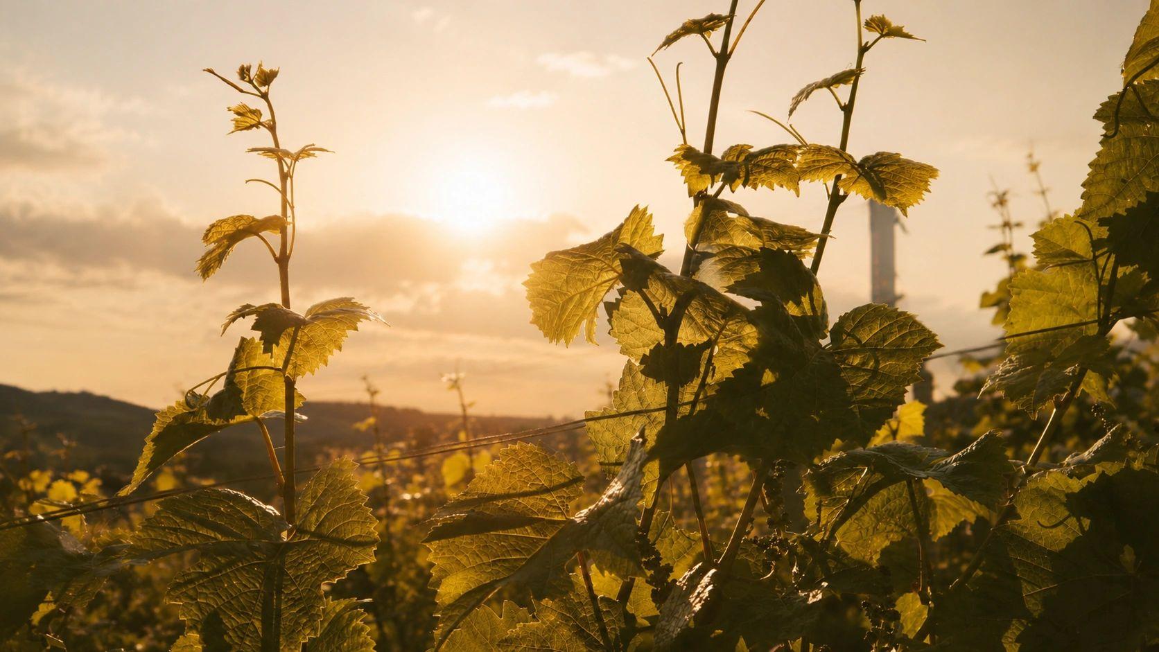 Feuillage de vigne à contre-jour au coucher du soleil