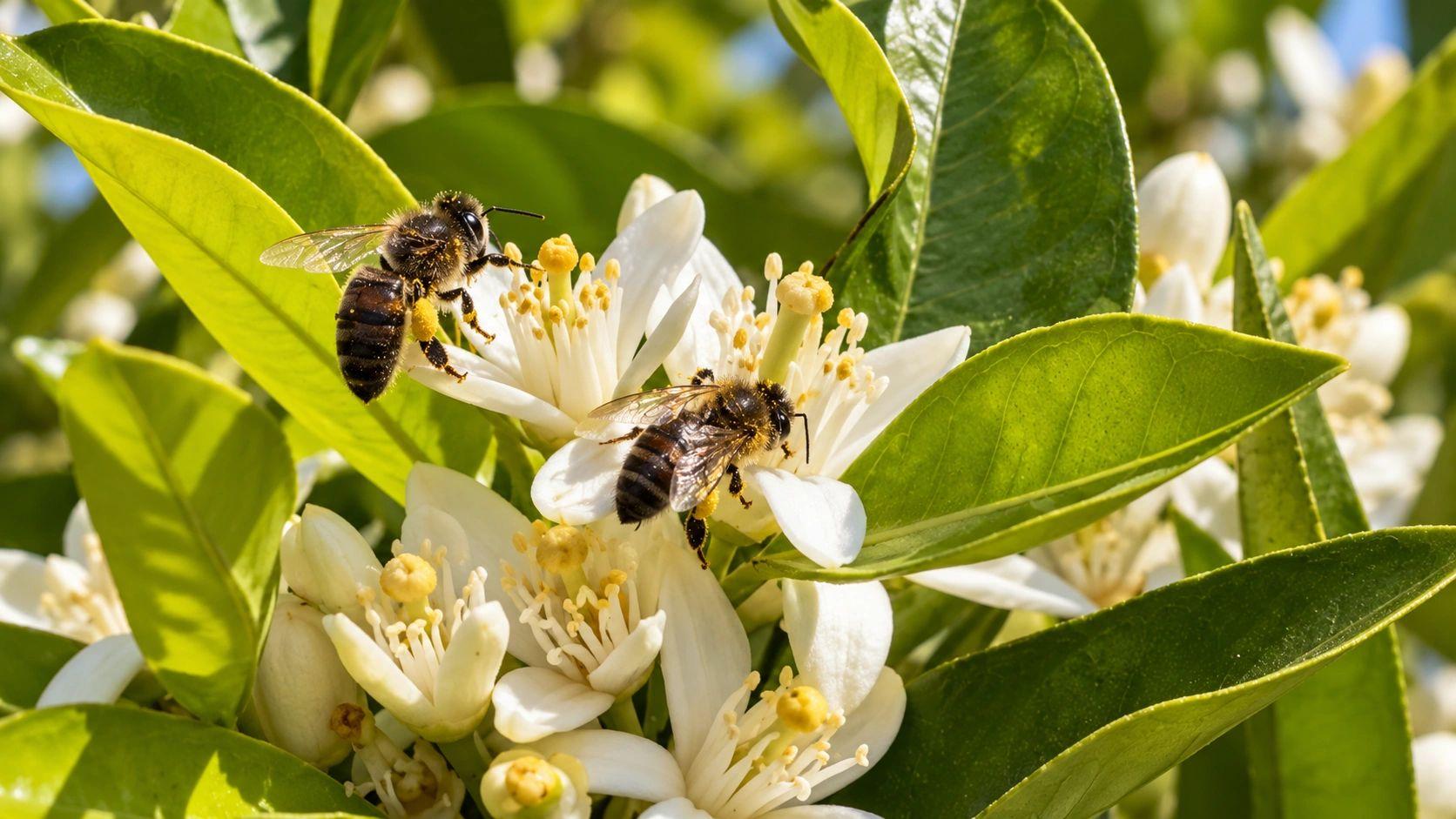 Abeilles butinant des fleurs d’oranger au Domaine Saint Ange
