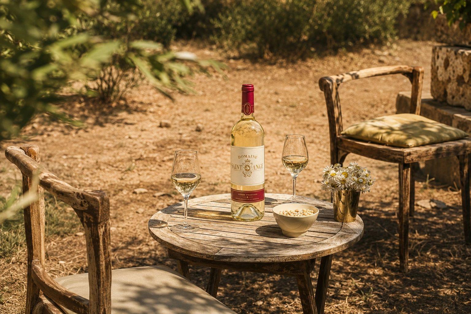 Table dressée avec une bouteille de vin au milieu du maquis