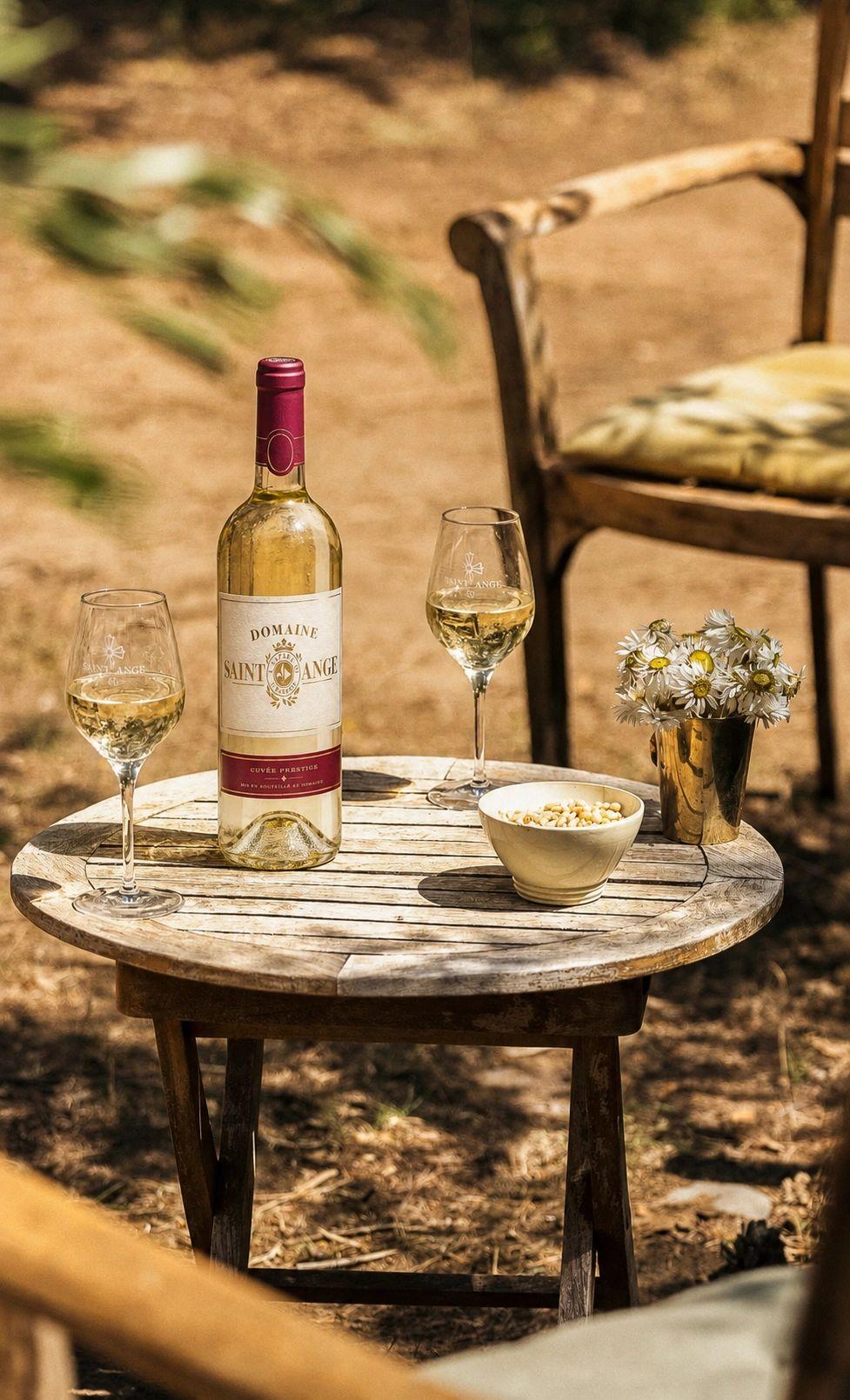 Bouteille de vin blanc et verres sur une table en extérieur