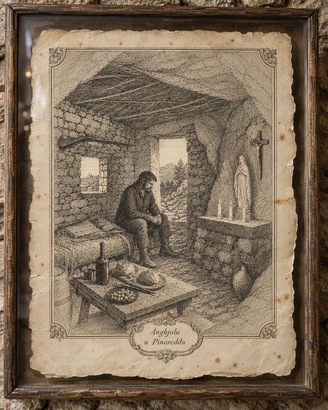 Gravure ancienne d’un homme dans un abri rustique