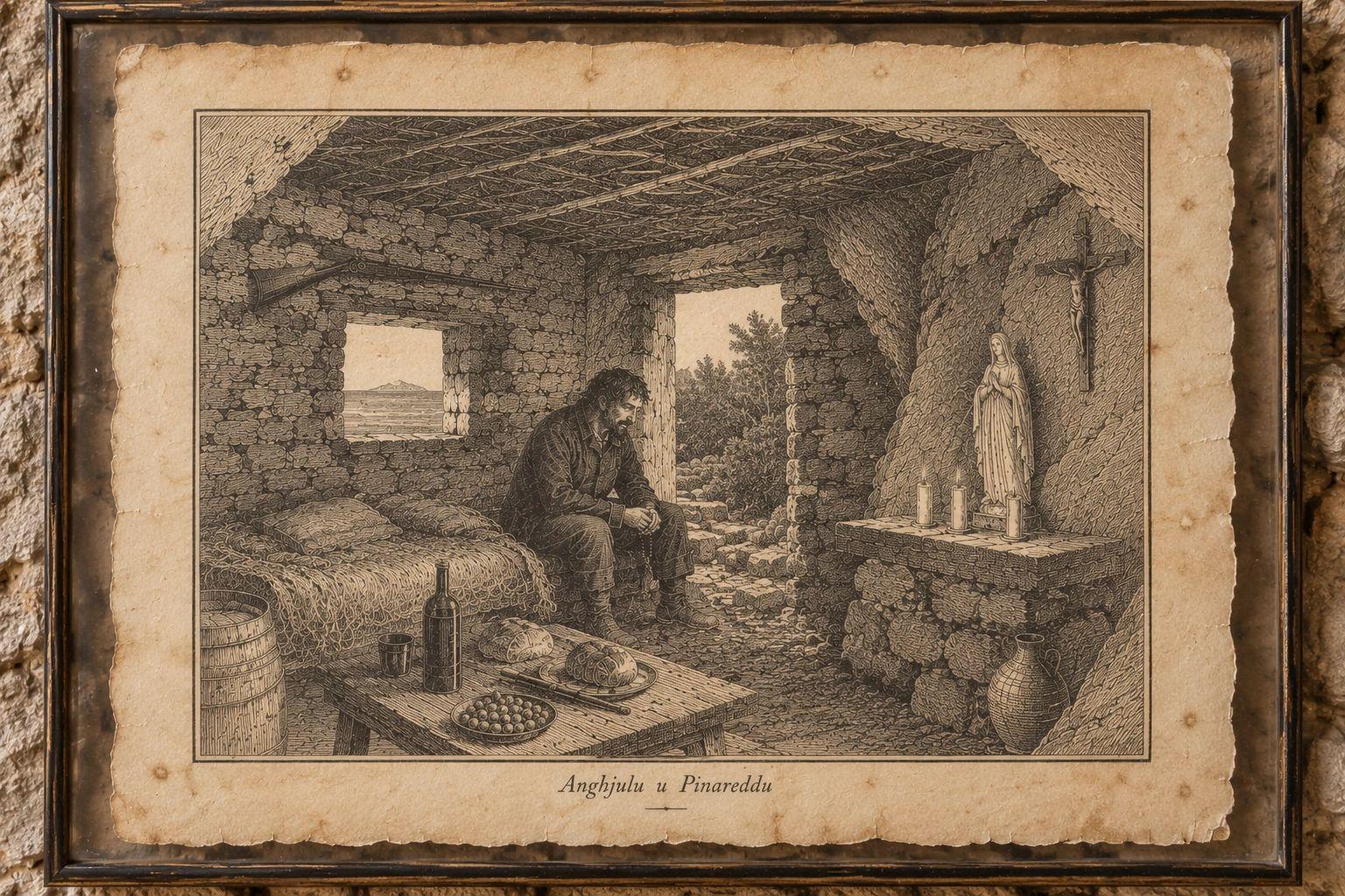 Gravure ancienne d’un intérieur rural corse