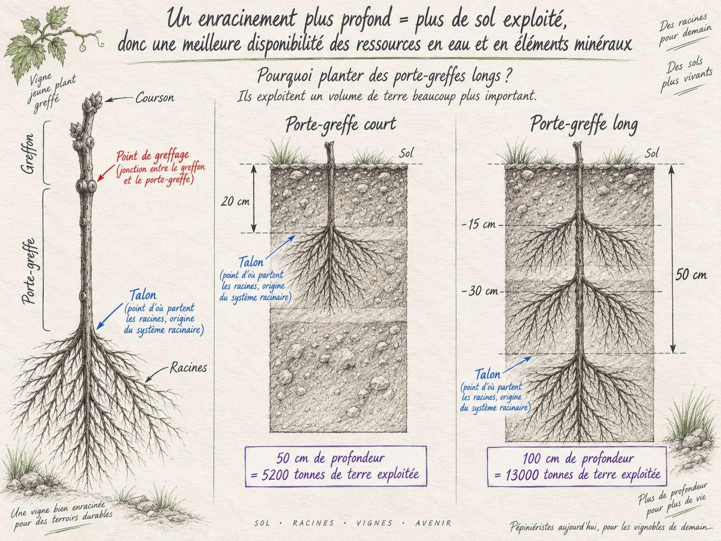 Schéma de l’enracinement de la vigne dans le sol